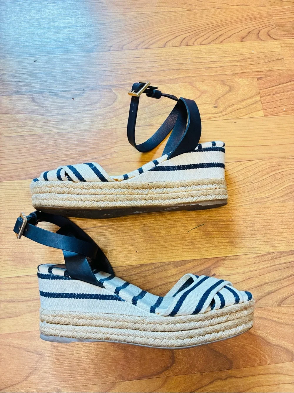 Tory Burch Canvas Stripe Espadrille Platform Wedge Sandals Navy White 8